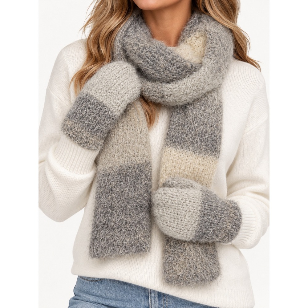 Handmade Crochet Fuzzy Scarf Mitten Set Grey Neutral Colorblock Winter Cozy